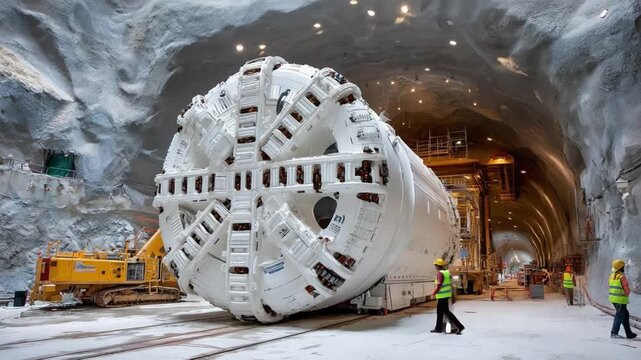 Giant Tunnel Boring Machine at Work: A colossal tunnel boring machine dominates the scene, its immense cutting head poised at the entrance of a newly excavated tunnel.