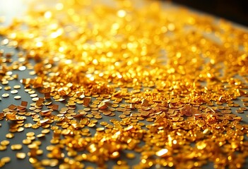 Radiant golden metallic confetti scattered on a surface, reflecting light with a shimmering, festive glow,  texture,  radiant