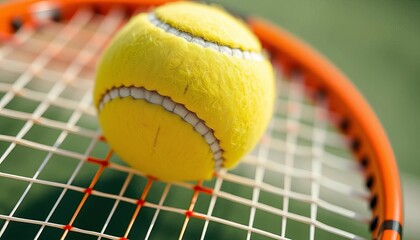 Macro tennis ball above racket strings, focus on texture and tension,  sport equipment,  detail