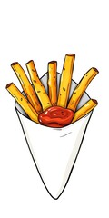 Hand-drawn crispy potato fries in paper cone with dip, isolated vector illustration,  snack,  hand drawn