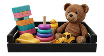 Wooden Toy Collection in Black Crate: Bear, Blocks, Car, Duck, Stacker