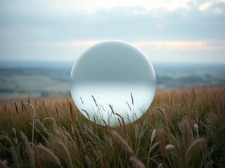 Gentle sphere, muted meadow hues, distant digital horizon, serene sports dreamscape,  simulator,  grass