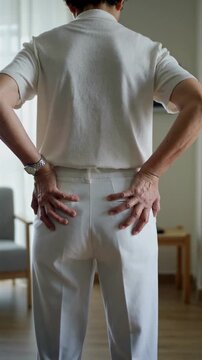 Man standing with hands on lower back in pain.