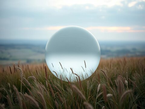 Gentle sphere, muted meadow hues, distant digital horizon, serene sports dreamscape,  simulator,  grass