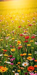 A warm, sunlit meadow bursting with colorful wildflowers in full summer bloom,  warm,  bloom