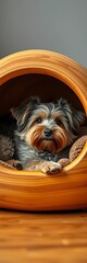 A furry canine companion rests in a cozy, wooden pet bed,  loyal,  comfortable