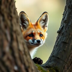 A curious fox peeks from behind a tree trunk, large ears twitching,  woodland, fox