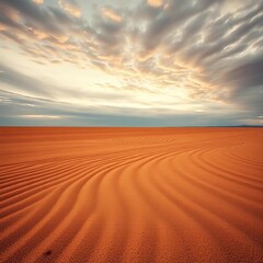 Geometric amber ripples flow across a muted, desaturated plain under a vast, cloudy sky Extreme detail reveals nature's abstract artistry ,  desolate plain,  muted tones