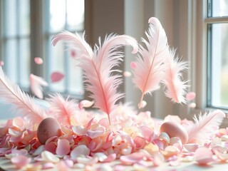 Floating pastel feathers and scattered petals create a soft, dreamlike Easter display, capturing delicate beauty,  spring,  decoration
