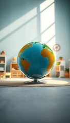 Child's eye view of a tranquil preschool globe bathed in gentle light, focus on texture,  spherical map,  early learning