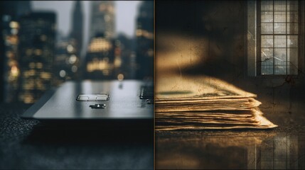 Cityscape typewriter old papers window