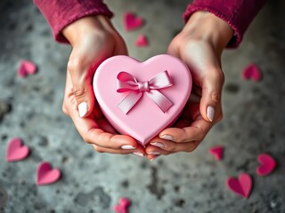 Close-up of hands cradling pink heart gift box on concrete background, symbolizing love and celebration,  mothers day,  romance