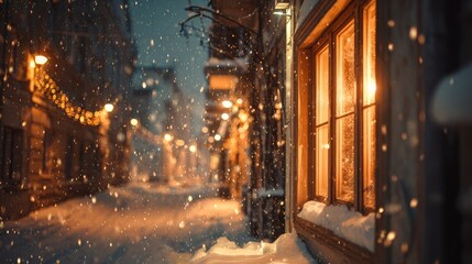 Cozy Snowy Street with Warm Evening Lights