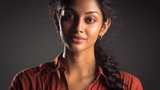 A woman with dark hair and brown eyes is wearing a red shirt and has her hair in a bun. Indian woman half body portrait, controlled studio lighting, smooth background, confident and approachable mood