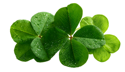 A vibrant four leaf clover covered in glistening water droplets