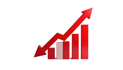 Red graphic shows upward trending bars and arrow on black background, symbolizing growth and improvement