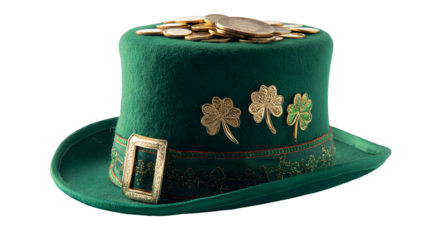 A festive green top hat adorned with gold coins and shamrocks