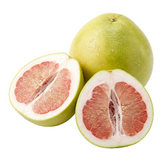 Fresh pomelo fruit displayed whole and halved, revealing thick green rind, pale pink juicy segments, and natural citrus texture, showcasing ripeness, freshness, and healthy tropical produce.