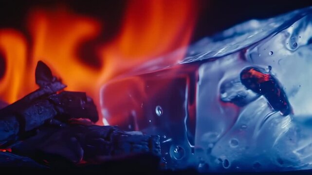 A macro shot featuring a melting ice cube with fire behind it and burned material below