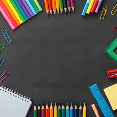 school supplies on blackboard