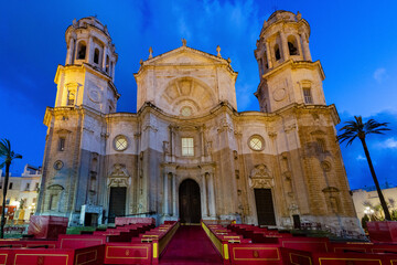 Cadiz, Spain - April 16, 2025: Cadiz Cathedral during Holy Week celebrations, prepared for processions in Cadiz, Spain.