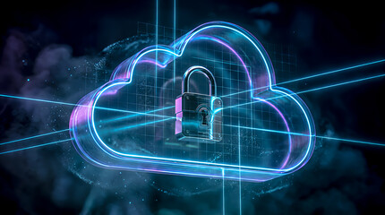 A massive, translucent digital cloud with glowing edges floating in a dark cyberspace, a hyper-realistic metal padlock floating within the cloud