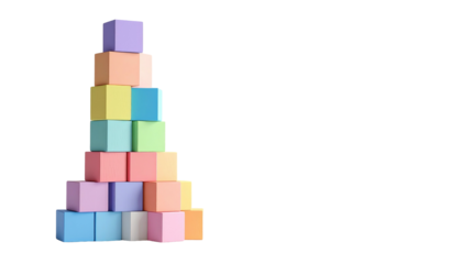 A stack of pastel colored cubes against a black background, forming a tower-like structure