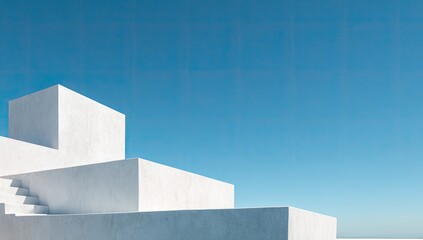 Minimalist architectural composition with layered white blocks against a brilliant blue sky backdrop