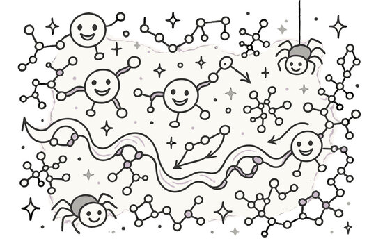 Cheerful Molecular Doodle. Magical doodle molecular silk modeling with cheerful proteins, cartoon bonds and chains waving, smiling