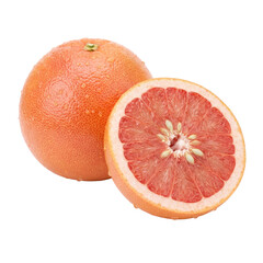 Fresh ripe grapefruit shown whole and halved, revealing juicy pink flesh and seeds, emphasizing citrus freshness, natural texture, vitamin richness, and healthy organic fruit.