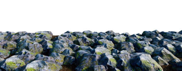 Large gray rocks with moss and lichens in sunlight