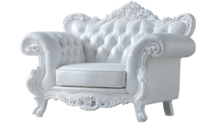 An antique leather armchair with a classic wood design offers luxury and vintage elegance as a comfortable isolated furniture object for royal home decor