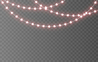 Garland with glowing hearts. Garland with hearts PNG. Light bulbs on the garland in the shape of hearts. Decoration for Valentine&rsquo;s Day.