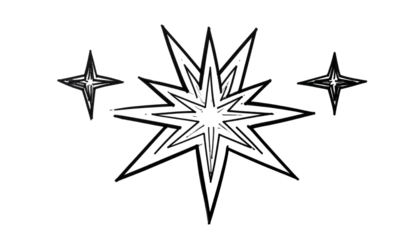 Three star-shaped geometric designs rendered with wireframe-like lines, against a solid black background