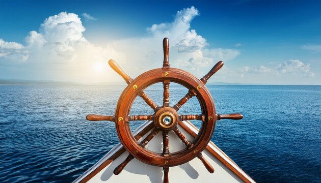 ship wheel on boat with sea and sky freedom and adventure direction concept