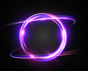 Glowing neon circular light ring with dynamic purple and blue energy trails isolated on transparent backgrounds