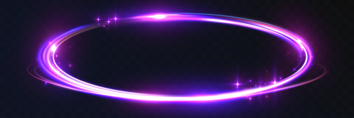 Glowing neon oval light ring with purple energy trail and sparkling particles isolated on transparent backgrounds