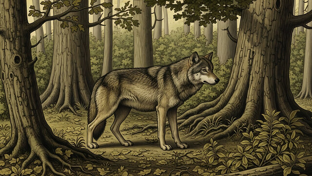 A wolf stands in a dense forest surrounded by tall trees and foliage