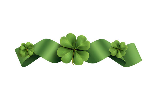 Green four leaf clovers and a ribbon on a black background
