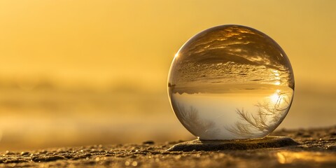 Crystal ball resting on sand during golden sunset showing inverted reflection of ocean horizon and beach landscape in clear sphere