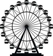 Black and White Silhouette of Ferris Wheel with Gondolas, Amusement Park Ride, Circular Structure, Rotational Motion, Engineering Design Illustration © Eyaruna's World