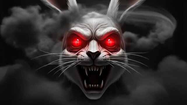 A menacing white rabbit with glowing red eyes emerges from dark clouds