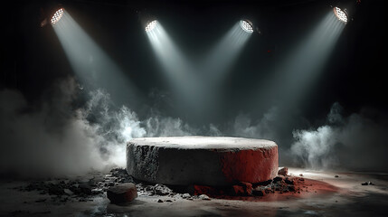 Concrete podium in dark studio with spotlights and smoke, modern tech launch, product design or luxury branding
