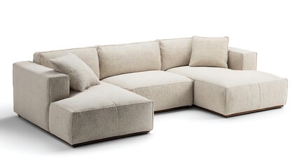 A modern beige sectional sofa with plush cushions and a chaise lounge, on a white background