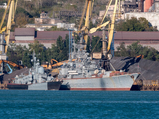 August 22 2025 View of Novorossiysk port Russia with cargo ships and cranes on the coastline. Industrial maritime scene on the Black Sea