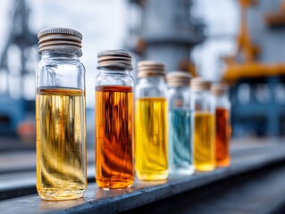 Colorful fluid samples in glass vials, arranged on a metallic surface, with a blurred industrial backdrop