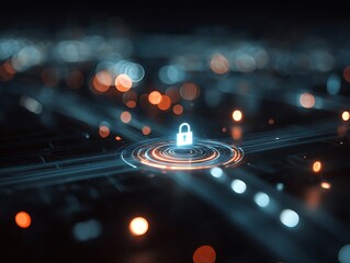 Glowing digital padlock icon in the center of a bokeh illuminated circuit board