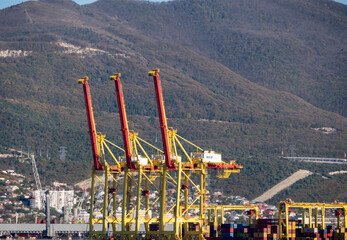 August 22 2025 View of Novorossiysk port Russia with cargo ships and cranes on the coastline. Industrial maritime scene on the Black Sea
