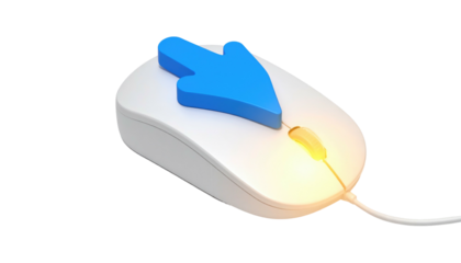 White computer mouse with a blue cursor on top, angled view, illuminated glow, against a black background