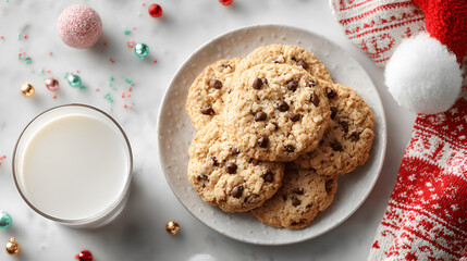 Fresh chocolate chip cookies on plate with milk and Christmas decor, bakery branding, winter holidays theme